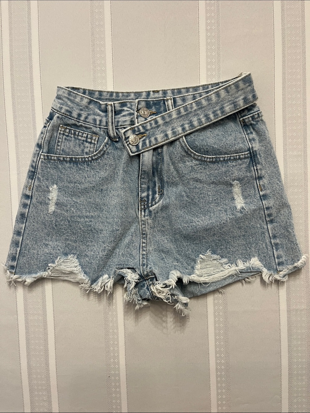 High-Rise Light Blue Distressed Denim Shorts with Waist Belt Look
